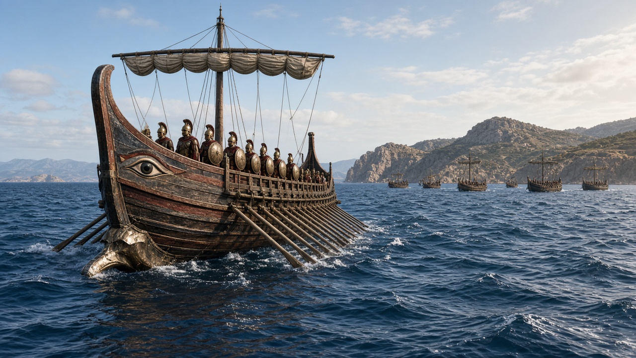 Reconstructed Greek trireme warship at sea with oars rowing in unison, a bronze ram and a painted eye on the prow, a furled square sail, and armoured hoplites with round bronze shields and crested helmets on deck, with more warships near a rocky island coast