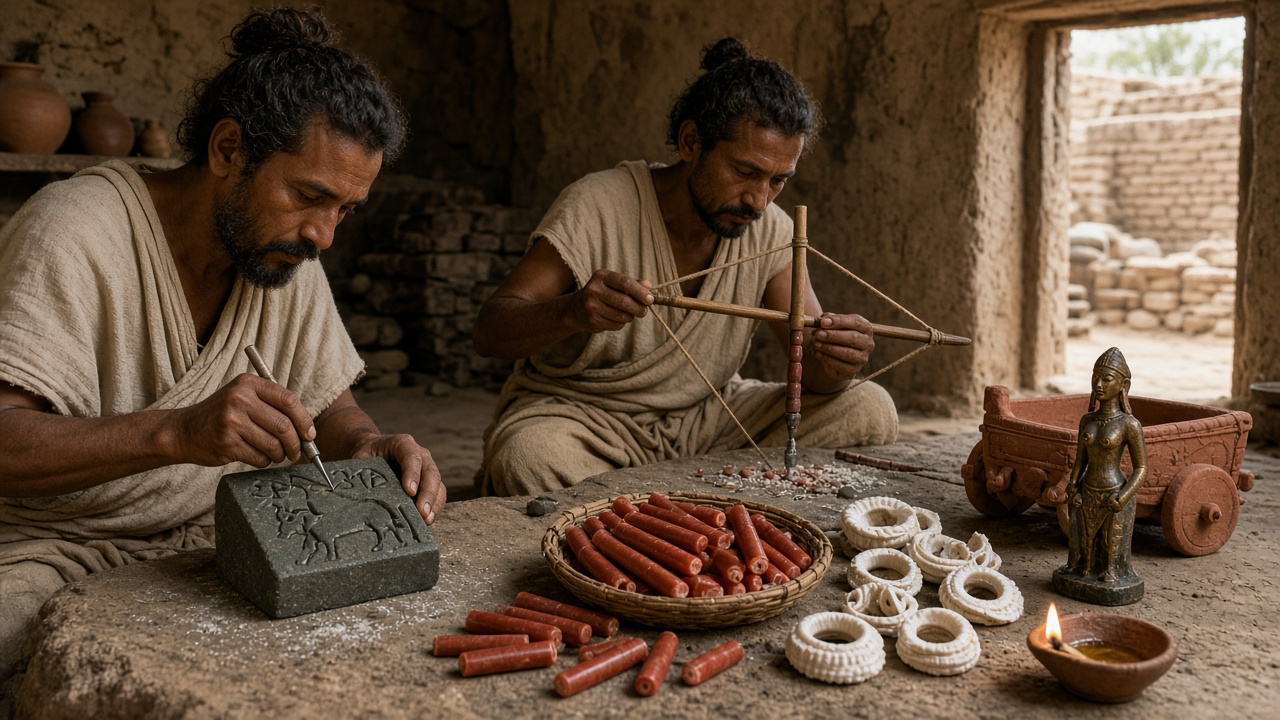 Reconstructed Harappan craft workshop where one artisan carves a humped bull and symbols into a square dark stone seal, another drills long red carnelian beads with a bow drill, and a basket of red beads, white shell bangles, a small bronze figurine, a terracotta toy cart, and an oil lamp lie on the stone floor