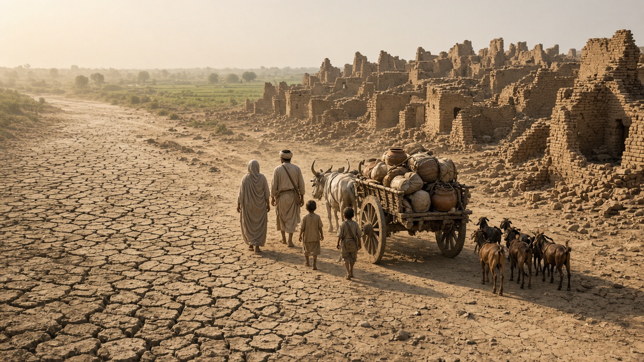 Dry, cracked riverbed beside the crumbling brick walls of a half-abandoned town in hazy golden light, where a family in simple cotton clothes with two children walks beside a bullock cart loaded with pots and bundles, followed by goats, towards distant green fields