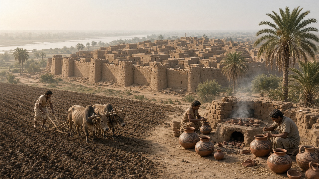 Reconstructed early Harappan walled mud-brick town beside a river under a hazy sky, with a farmer ploughing dark furrows using a wooden plough pulled by two humped oxen in the foreground, and potters beside a smoking kiln painting large red pots with black geometric designs among date palms