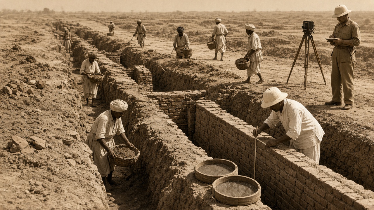 Sepia 1920s excavation with long trenches exposing ancient baked-brick walls, where labourers in turbans carry baskets of earth, an archaeologist in a sola topi measures a brick wall with a rod beside wooden sieves, and another archaeologist in khaki writes notes next to a camera on a tripod on a flat, dusty plain