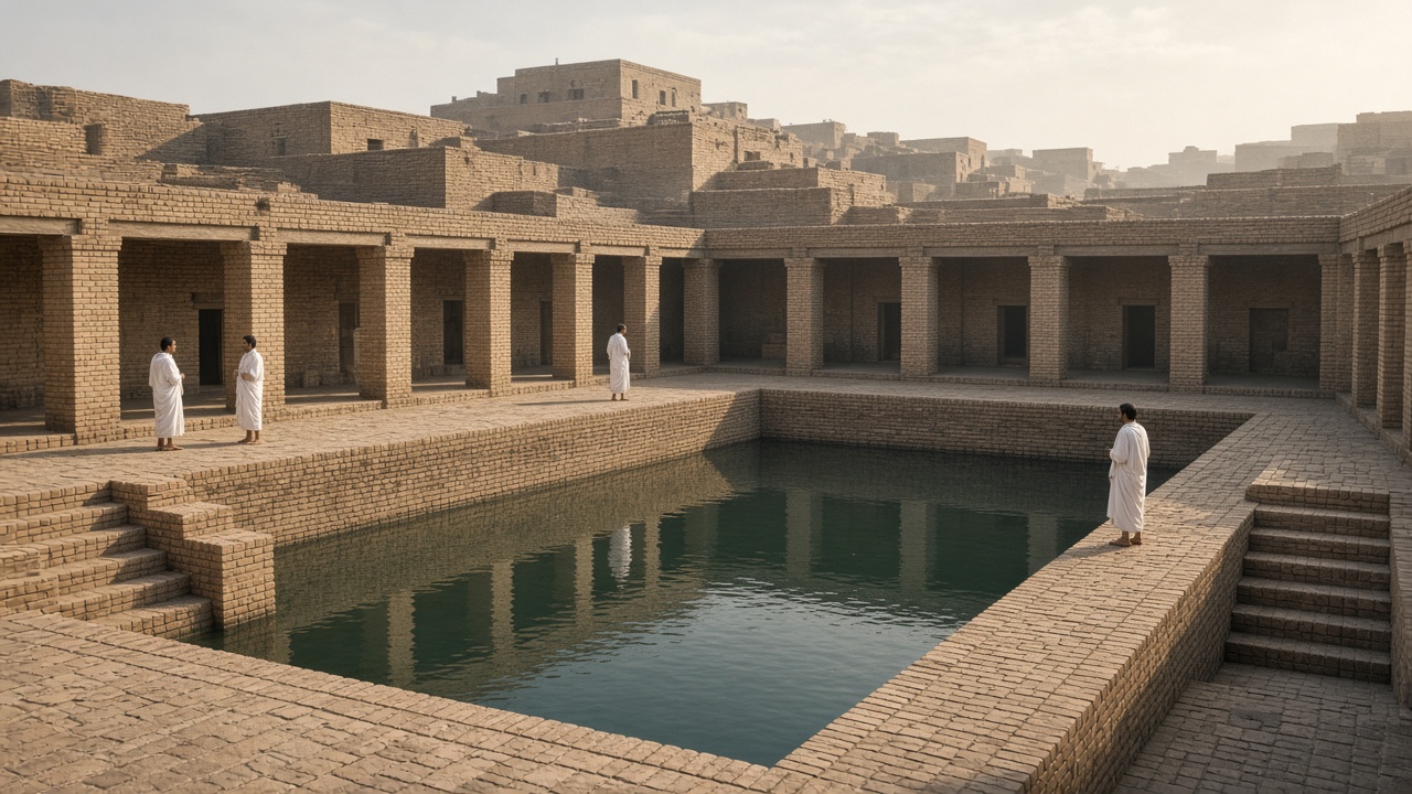 Reconstructed Great Bath of an Indus citadel, a large rectangular sunken pool of finely fitted baked bricks with steps at both ends, surrounded by a brick colonnade and small rooms, where a few people in white cotton robes stand beside the still water with brick buildings of the citadel rising behind in soft morning light