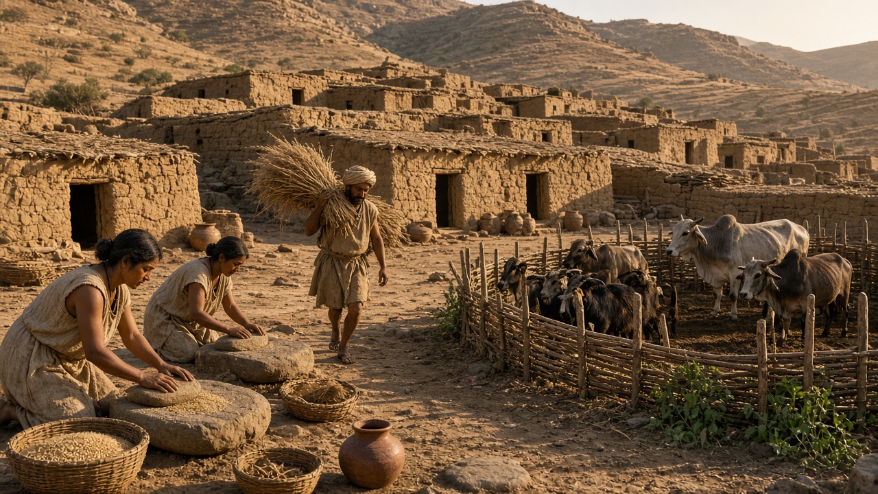Reconstructed Neolithic village at the foot of dry hills where women grind grain on stone querns beside baskets of grain and clay pots, a man carries a bundle of harvested barley, humped cattle and goats stand in a wooden pen, and rows of small mud-brick houses climb the slope in golden light