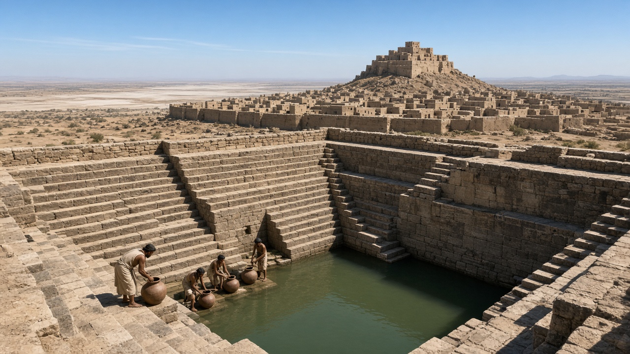 Reconstructed deep rectangular stone reservoir with long flights of stone steps descending to green water, where people fill clay pots at the bottom, and the stone walls of a city with a castle on a raised mound rise behind, with white salt flats and scrubland stretching to the horizon under a clear sky