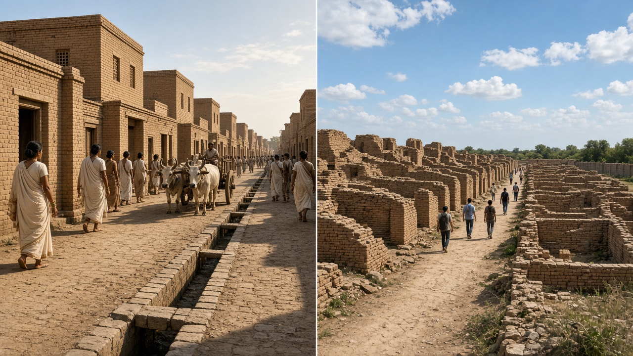 Split image with a reconstructed Indus Valley city street around 2500 BCE on the left, lined with two-storey baked-brick houses and a covered brick drain, where people in simple cotton garments walk beside a bullock cart, and the same kind of street today on the right as excavated brick ruins under a blue sky with visitors walking along a path