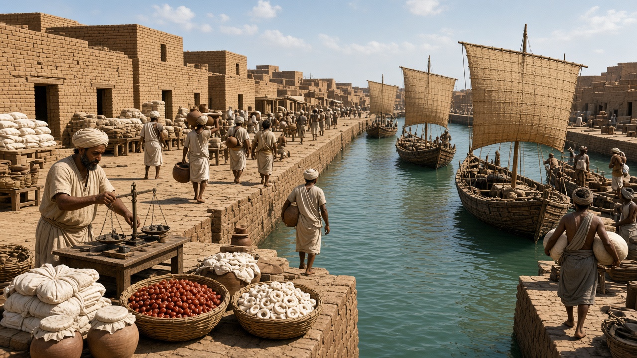Reconstructed Harappan port with a long brick-lined dock basin where boats with woven square sails are moored, workers carry clay jars and bundles along the quay, and a bearded merchant in a white turban weighs goods on a balance beside baskets of red beads, white shell bangles, and cloth bundles, with brick warehouses behind