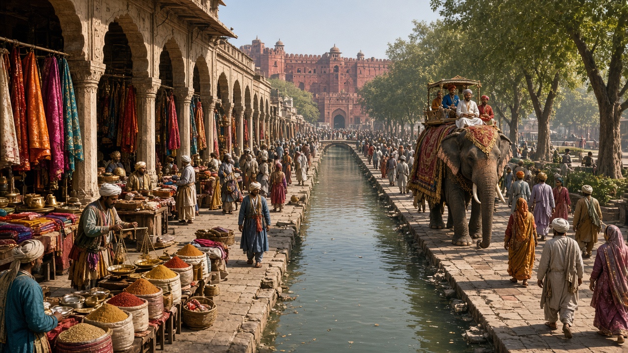 Reconstructed 17th-century Delhi bazaar with a canal down the middle of a wide tree-lined street, arcaded shops selling colourful textiles, spices in baskets, and brass pots, merchants weighing goods on balance scales, shoppers in turbans and saris, a nobleman riding an elephant, and the red walls of a fort at the end of the street