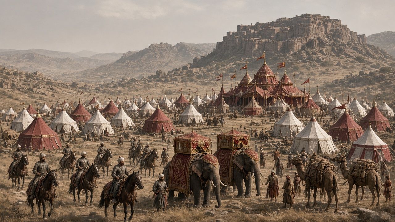Reconstructed vast Mughal army camp on the dry Deccan plateau with rows of red and white tents, a royal tent enclosure with flags, war elephants with decorated howdahs, cavalry in armour and turbans, camels with supplies, and a stone fortress on a rocky hill on the horizon