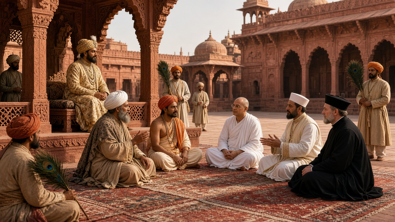 Reconstructed red sandstone palace courtyard where an emperor in an embroidered robe and turban sits in a carved pavilion listening to scholars of different faiths seated on carpets, including a Muslim scholar, a Hindu pandit, a Jain monk in white, a priest in a white cap, and a Jesuit in a black robe, with attendants holding peacock-feather fans
