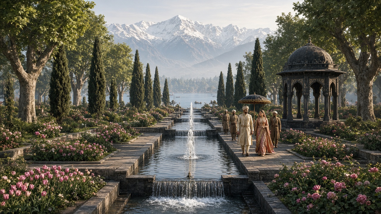 Reconstructed Mughal terraced garden in Kashmir with a long stone water channel, fountains, and small cascades, rows of cypress and chinar trees, beds of roses and tulips, a dark stone pavilion, and a royal couple in silk robes walking with attendants holding a parasol, with snow-capped mountains and a lake behind