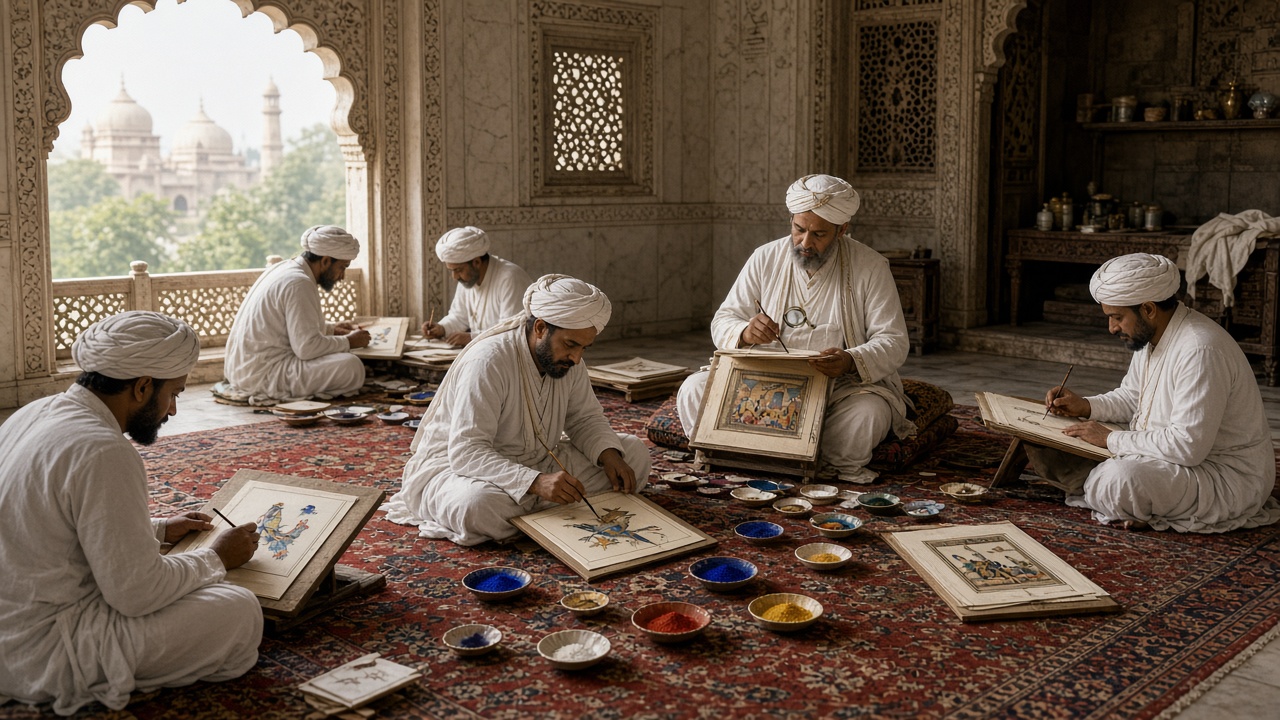 Reconstructed royal painting workshop with artists in white robes and turbans seated on a red carpet painting miniature pictures of birds and court scenes on boards, small bowls of blue, red, yellow, and white pigments around them, a master artist examining a painting with a magnifying lens, and a carved marble arch with a domed building visible outside