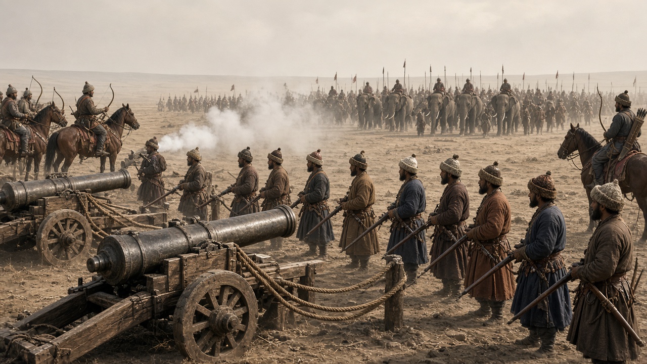 Reconstructed battlefield on a dusty plain with bronze cannons on wooden carriages tied together with ropes, gunners in Central Asian robes and fur-trimmed caps holding matchlock muskets, mounted archers at the side, cannon smoke drifting, and a large army with war elephants approaching in the distance