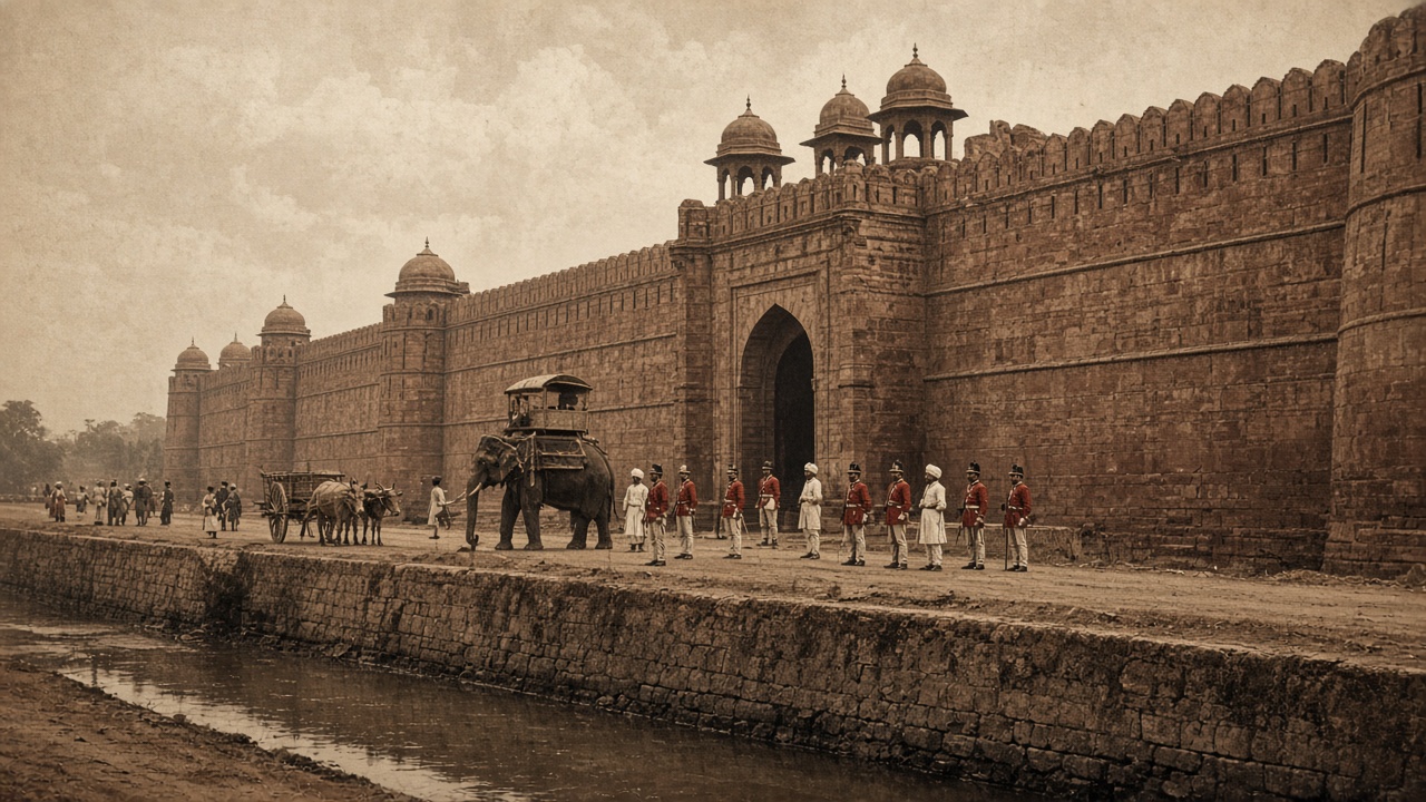 Sepia scene of the massive red sandstone walls and gateway of Delhi’s Red Fort in the 1850s, with domed pavilions on the ramparts, a line of soldiers in red coats and sepoys in white turbans by the gate, an elephant with a howdah, a bullock cart, and townspeople beside the moat