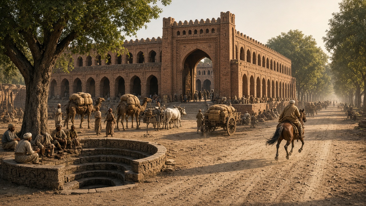 Reconstructed 16th-century brick caravanserai with a large arched gateway beside a tree-lined highway, where merchants unload bales from camels and bullock carts, a horse courier gallops along the dusty road, and travellers rest beside a round stepwell under a shady tree