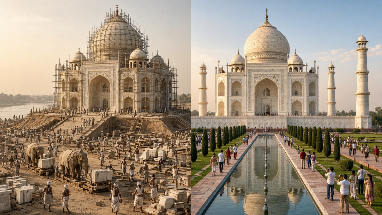 Split image with the Taj Mahal under construction in the 1640s on the left, its dome surrounded by brick scaffolding while workers in turbans carry marble blocks and elephants haul stone beside the Yamuna, and the completed Taj Mahal today on the right with four minarets, a long reflecting pool, cypress trees, and tourists taking photos