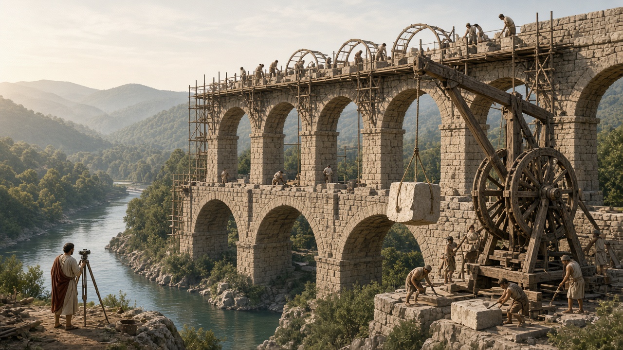 Reconstructed construction of a three-tier stone aqueduct bridge across a river valley, with the top tier under construction on wooden scaffolding and semicircular timber frames, a large wooden treadwheel crane lifting a stone block, workers cutting and placing stones, and an engineer with a surveying instrument on a rocky bank