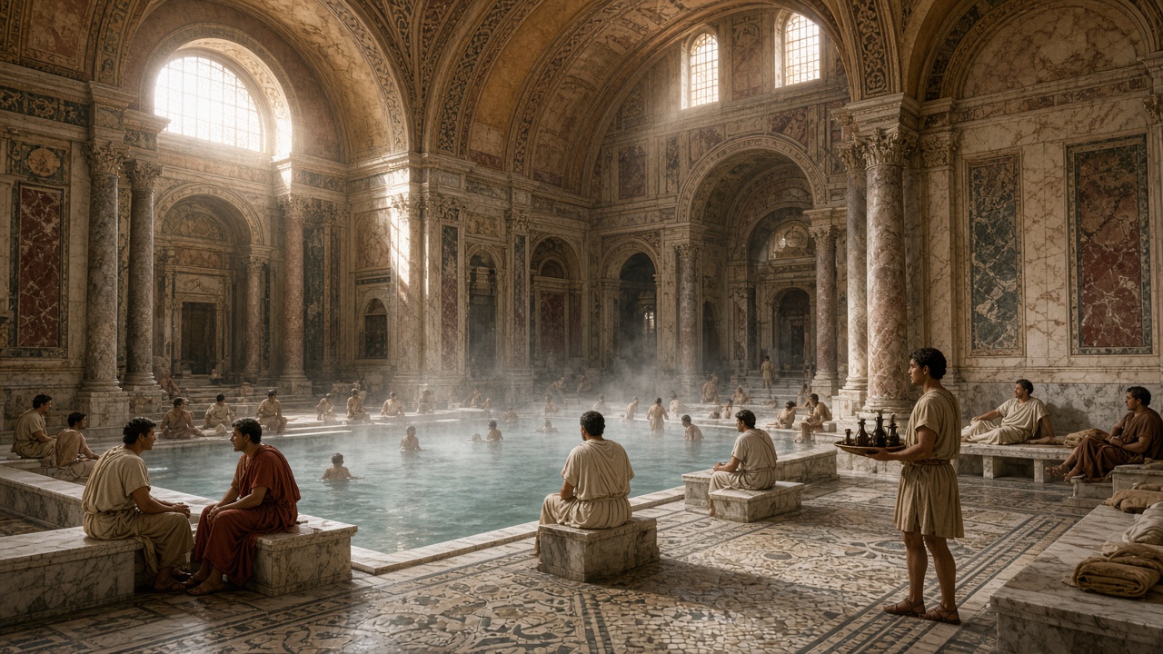 Reconstructed interior of a great Roman public bath, with a vaulted hall of coloured marble, tall columns, mosaic floors, and a steaming pool where Romans in tunics bathe, talk, and relax on marble benches while an attendant carries a tray of oil flasks, in sunlight from high arched windows