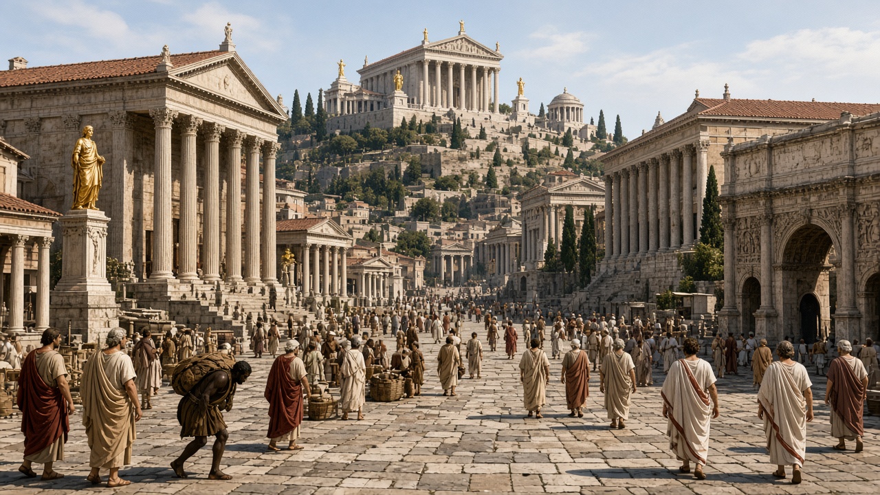 Reconstructed Roman Forum in the imperial age crowded with citizens in togas and tunics, merchants, and porters, surrounded by marble temples with Corinthian columns and red tile roofs, a carved triumphal arch, gilded statues, and a temple on the Capitoline Hill above, in bright sunlight