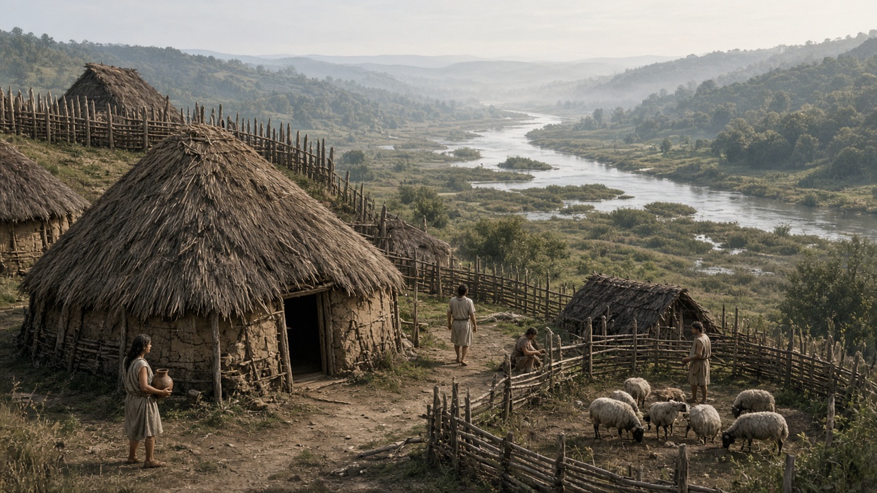 Reconstructed Iron Age hut village on a hill above the Tiber, with oval huts of wattle and daub and thatched roofs, a wooden fence, people in simple woollen tunics carrying clay jars and tending sheep, and the river winding through a misty green valley below