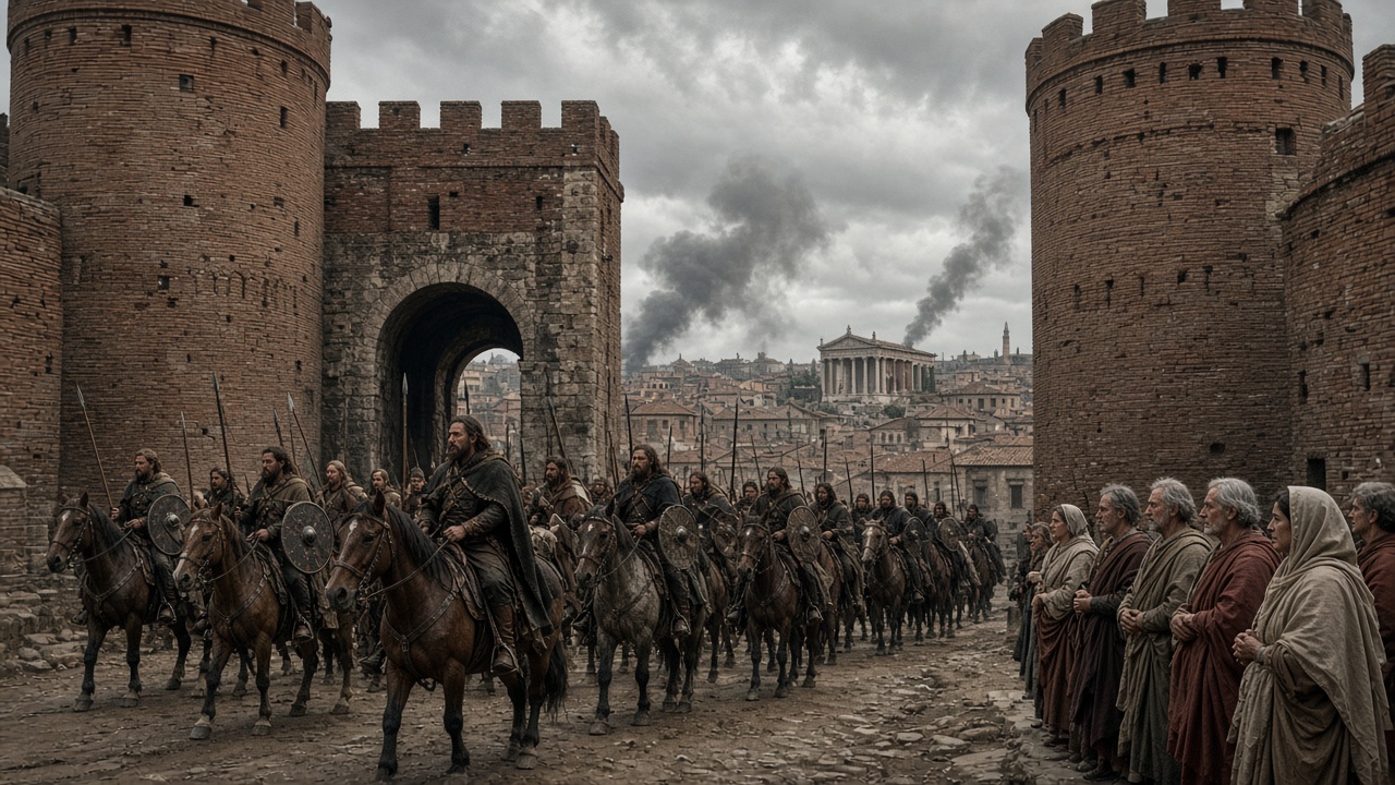 Reconstructed scene of Gothic warriors on horseback with round shields and spears riding through a massive brick gate between round towers of Rome’s city walls, with smoke rising over red-tiled rooftops and a temple in the distance, as worried Roman citizens in cloaks watch from the roadside under a grey sky