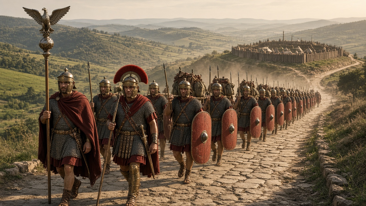 Reconstructed Roman legion marching along a paved road across green hills, with legionaries in mail shirts and bronze helmets carrying oval red shields, javelins, and packs on poles, a standard-bearer holding an eagle standard, a centurion with a red crest, and a fortified camp with a wooden palisade in the distance