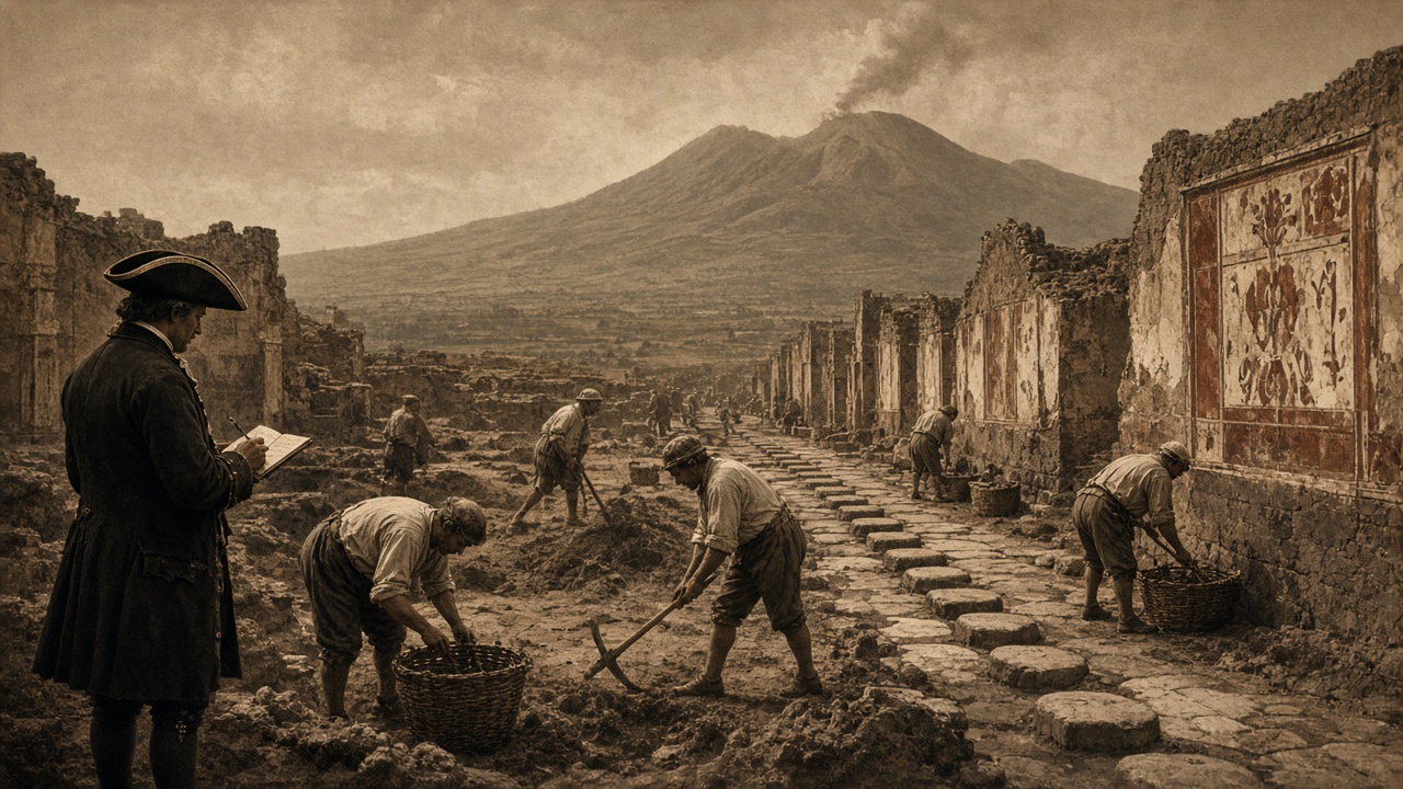 Sepia 18th-century excavation at Pompeii where workers in shirts and breeches dig volcanic ash with picks and baskets beside a Roman street with stepping stones and walls with faded red frescoes, while a gentleman in a tricorn hat and long coat sketches in a notebook and Vesuvius smokes in the background