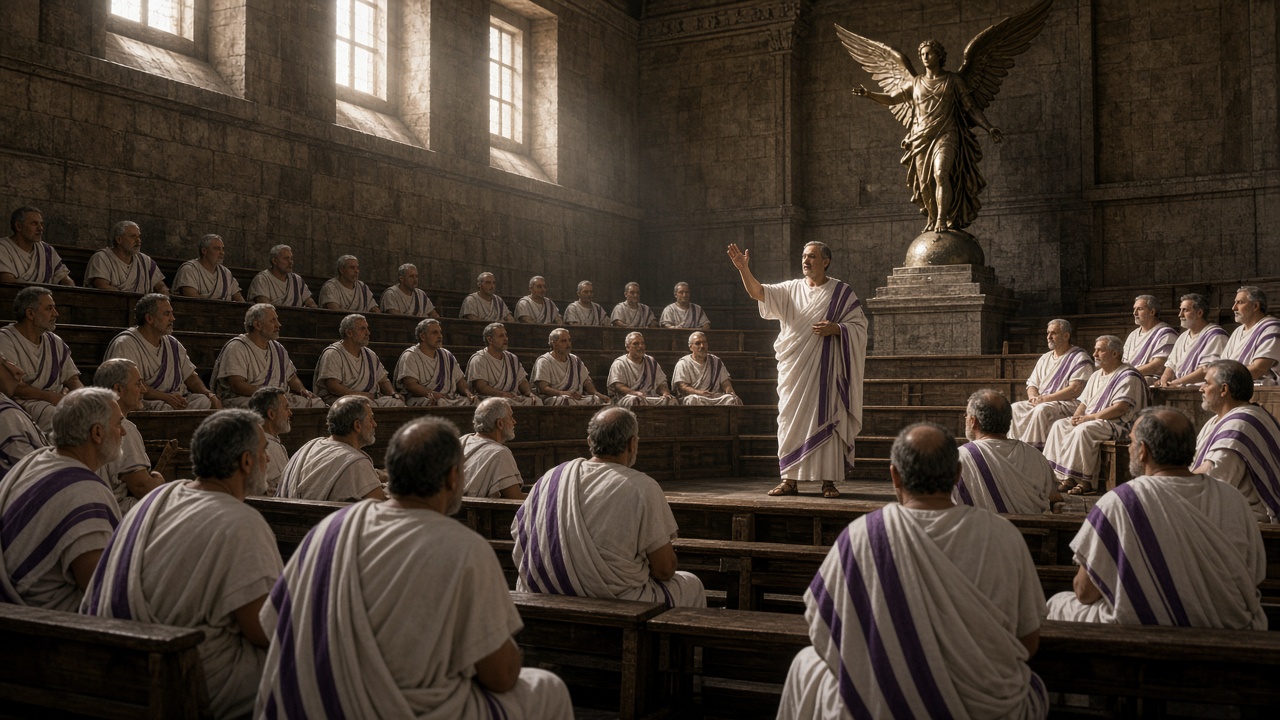 Reconstructed Roman Senate in session in a stone hall with tiered wooden benches, where senators in white togas with purple stripes listen as one senator stands and speaks with a raised hand, light falling through high windows onto a bronze winged statue of Victory