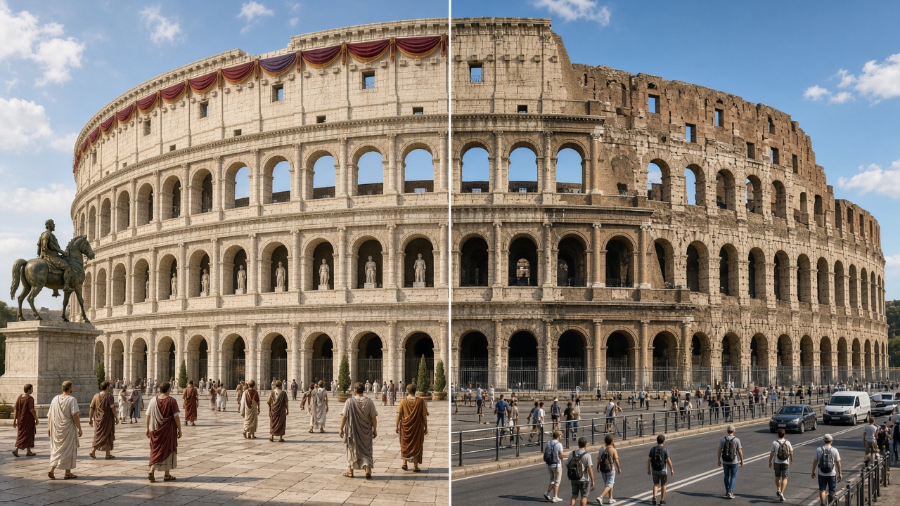 Split image with the Colosseum reconstructed as new around 80 CE on the left, its four tiers intact with statues in the arches, a coloured awning, a bronze equestrian statue, and Romans in togas on a paved plaza, and the same Colosseum today on the right, partly ruined and weathered, with tourists carrying backpacks and cars on the road