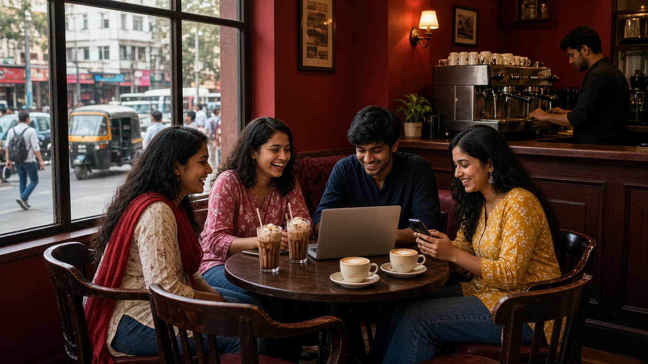 2000s city café with red walls and wooden chairs where four college students laugh around a small table with tall cold coffees topped with ice cream and two cappuccinos, one with a laptop and another with a phone, as a barista works an espresso machine and an auto-rickshaw passes the window
