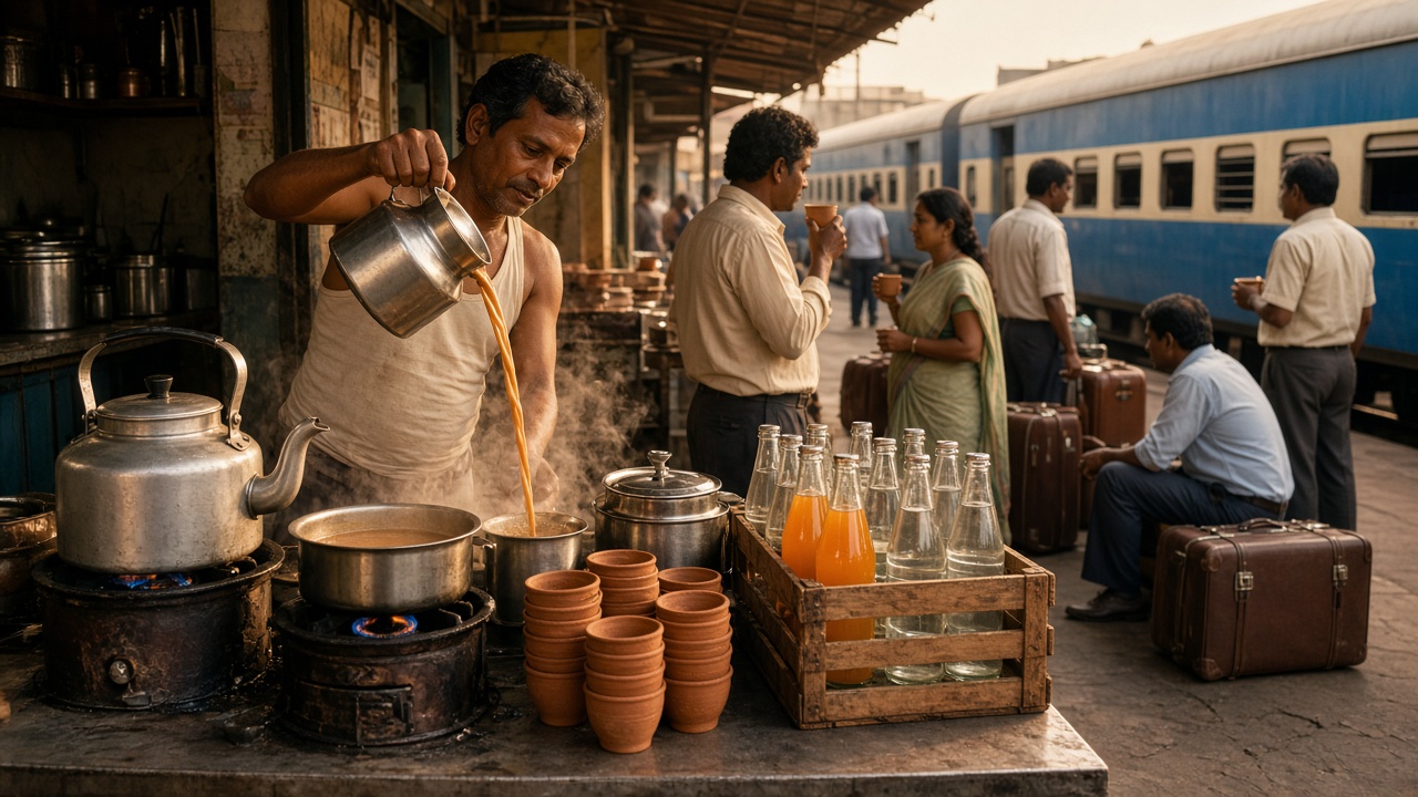1980s railway platform chai stall where a chaiwala in a vest pours steaming tea from a height into a steel vessel beside a big aluminium kettle on a stove and stacks of clay kulhads, with a wooden crate of glass soda and orange drink bottles, passengers with suitcases sipping tea, and a blue and cream train alongside