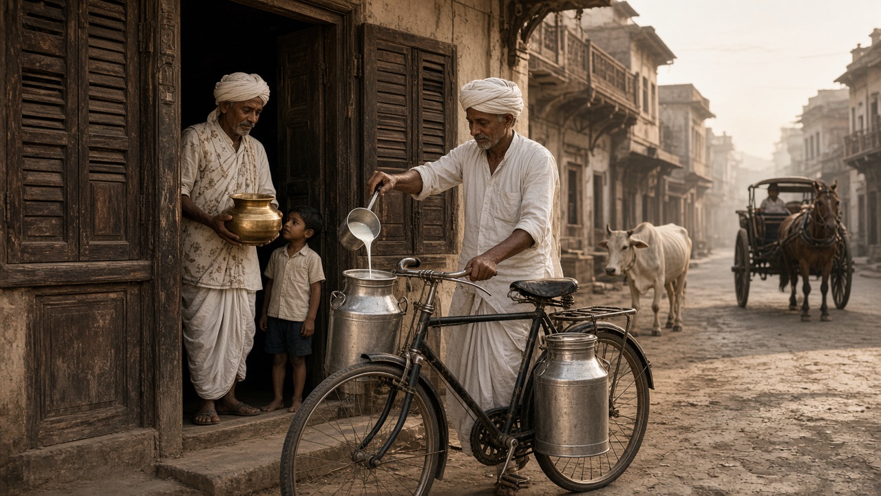 1950s town street at dawn where a turbaned doodhwala in a white kurta, standing beside his black bicycle loaded with aluminium milk cans, pours milk with a long-handled measure into a brass pot held by an elderly man at the doorway of an old house, as a boy watches and a cow and a horse carriage wait on the street