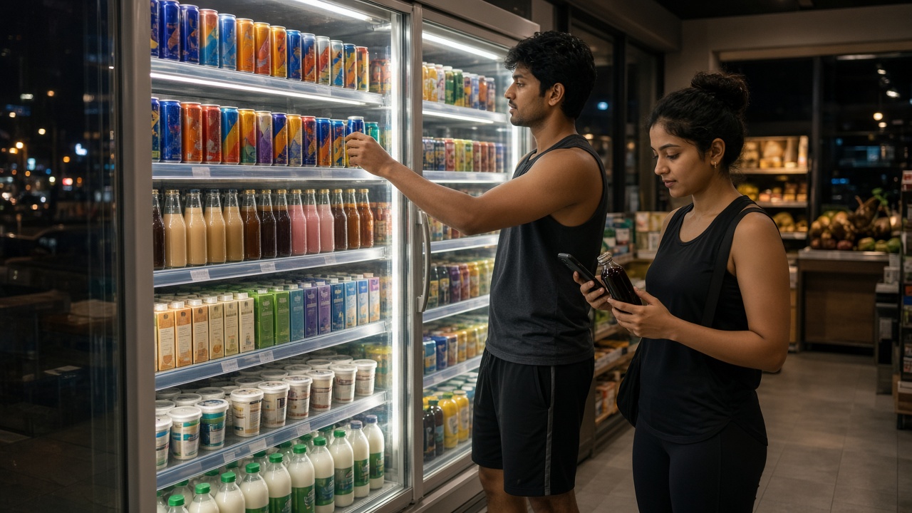 Modern Indian convenience store at night where a young man in gym clothes reaches for a colourful can in a brightly lit glass-door fridge stocked with energy drinks, bottled cold coffees, juices, and cartons of plant milk and buttermilk, as a young woman beside him holds a bottle of cold brew and a smartphone