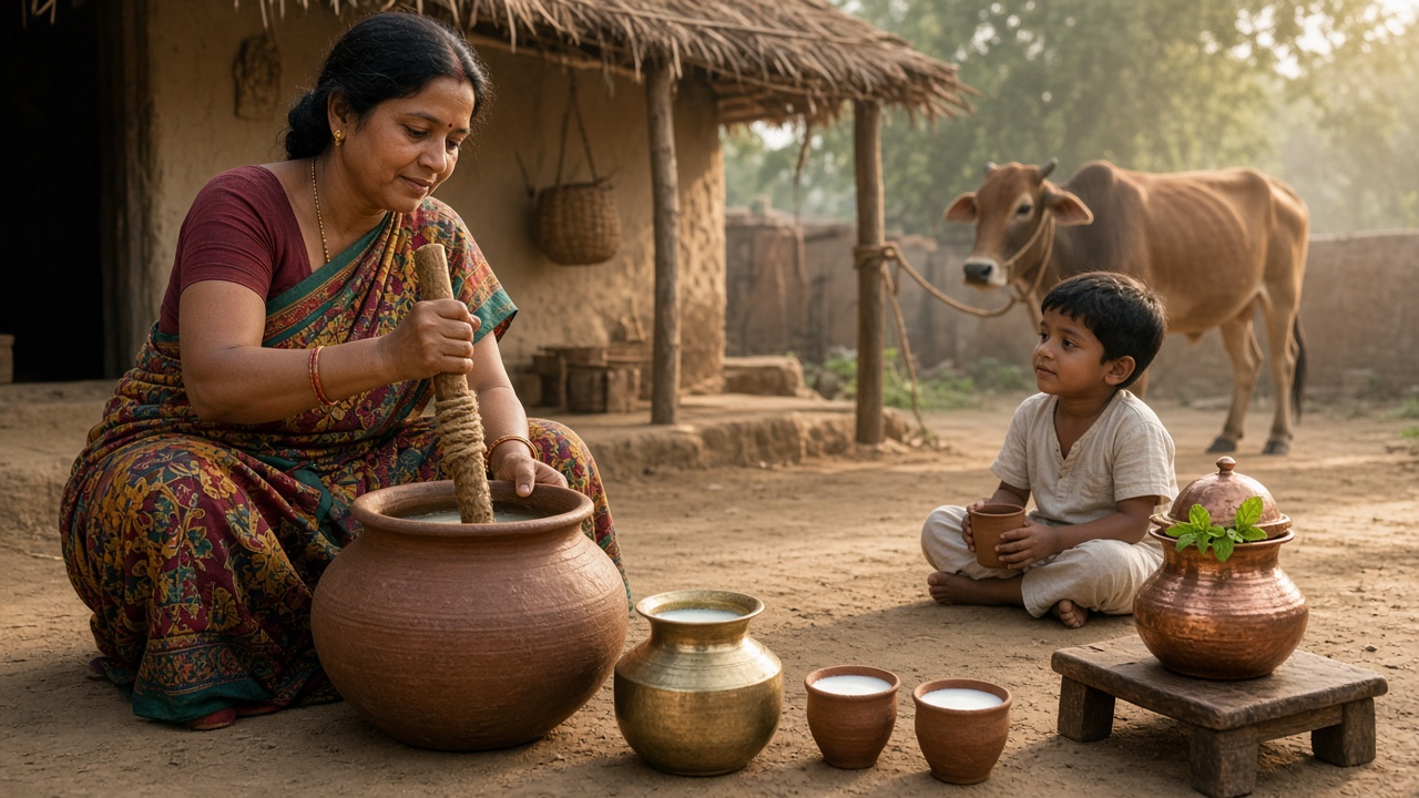 Village woman in a colourful sari churning curd with a rope-wound wooden stick in a large earthen pot, with a brass pot of milk and clay cups of buttermilk beside her, a small boy holding a clay cup, a copper vessel topped with mint on a stool, and a cow tied near a thatched hut