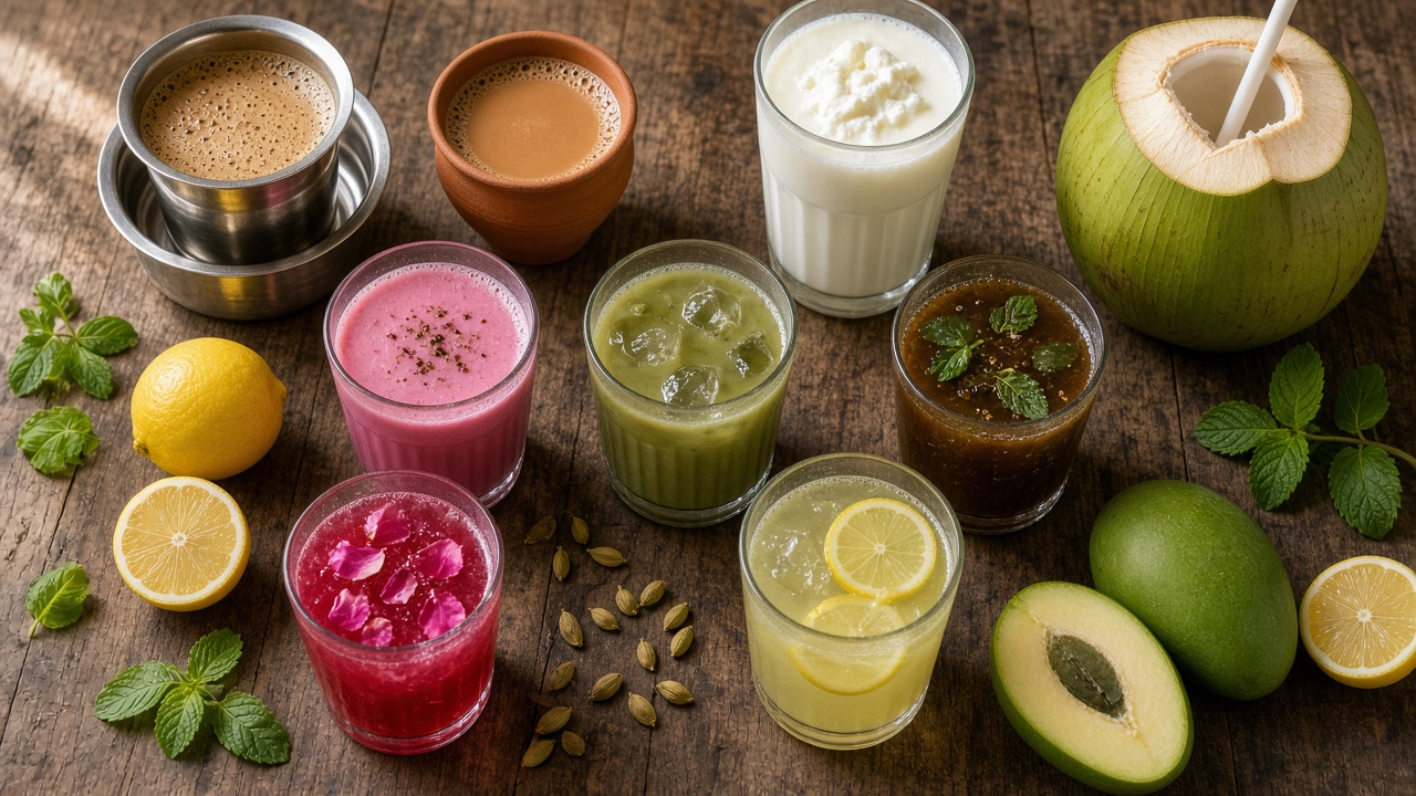 Rustic wooden table with regional Indian drinks including filter coffee in a steel tumbler and dabara, masala chai in a clay kulhad, a tall glass of lassi topped with cream, pink sol kadhi, green aam panna, dark jaljeera with mint, nimbu pani with lemon slices, rose sherbet, and a tender coconut with a straw, surrounded by lemons, mint, cardamom, and green mangoes