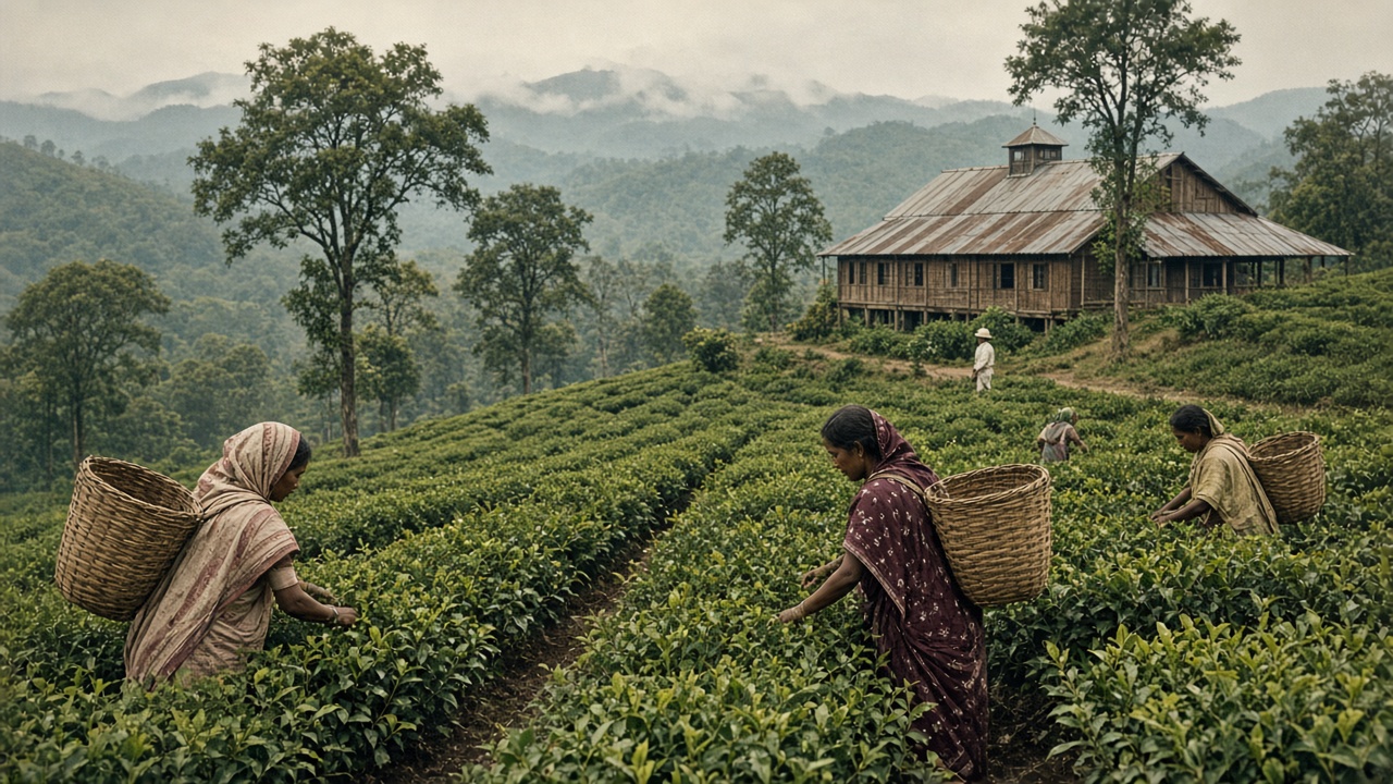 Early 1900s Assam tea garden with women pluckers in saris carrying large cane baskets on their backs picking leaves from rows of tea bushes, a supervisor in a pith helmet in the distance, shade trees, and a wooden colonial tea factory with a tin roof against misty hills