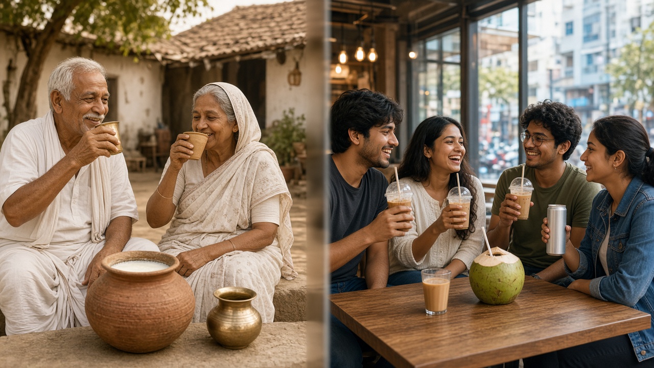 Split image with an elderly village couple in a white dhoti and cotton sari drinking lassi from clay cups beside an earthen pot of buttermilk and a brass lota on the left, and four young friends in a modern city café laughing over iced coffees, a tender coconut, and a slim drink can on the right