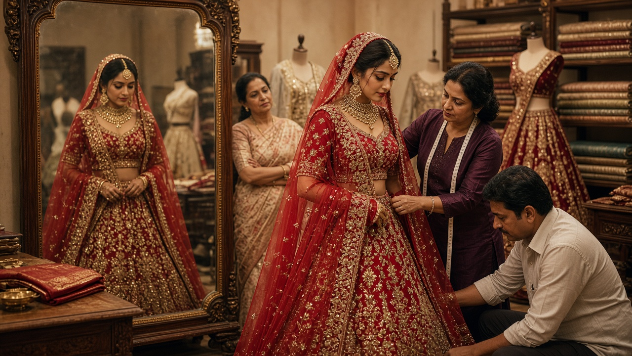Bride-to-be in a red and gold embroidered designer lehenga with a sheer red dupatta standing before a tall carved mirror while a woman designer with a measuring tape and a tailor adjust the fit, her mother watching, with mannequins and shelves of silk in a boutique