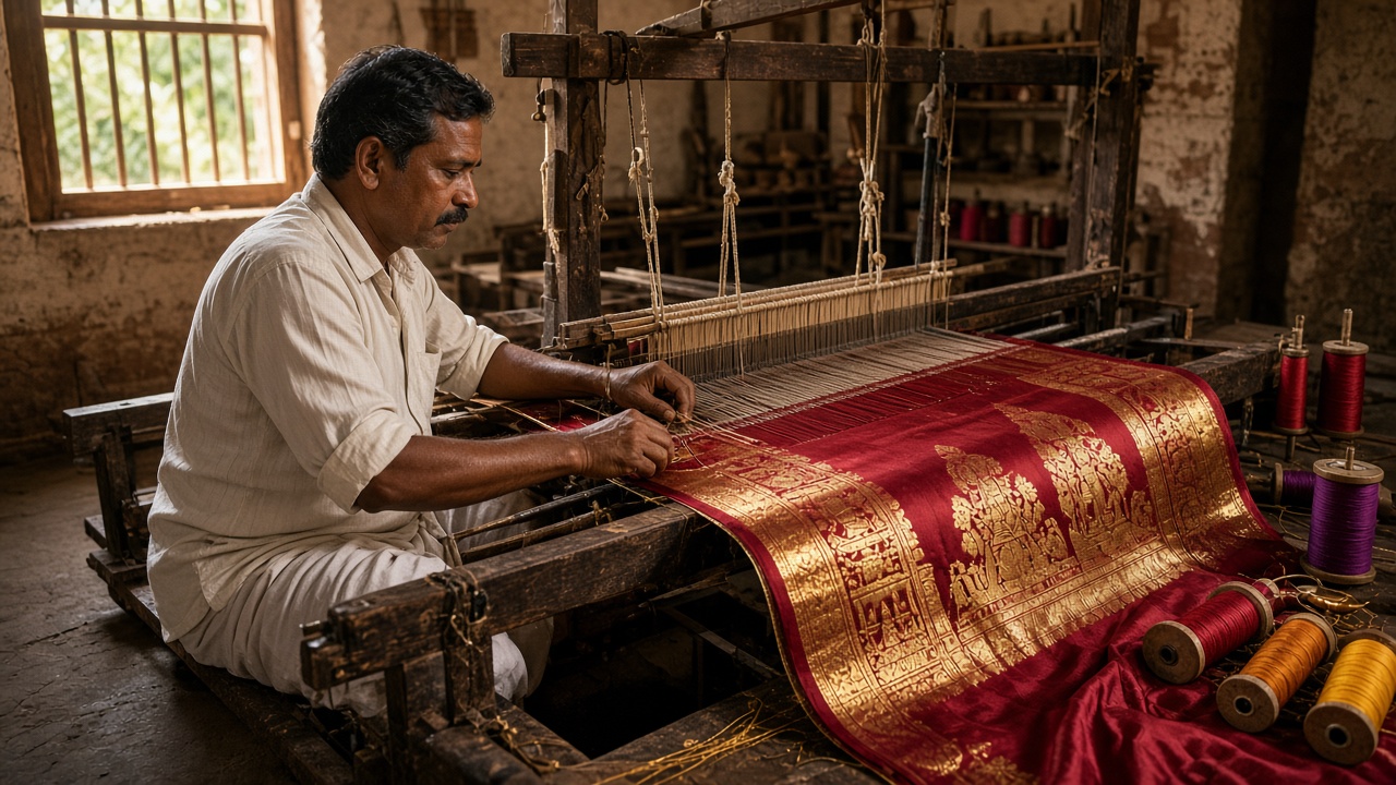 Weaver in a white shirt and dhoti sitting at a wooden pit loom weaving a rich red silk sari with a wide gold zari border of temple and figure motifs, with spools of red, purple, and gold thread beside the loom in a workshop lit by a barred window