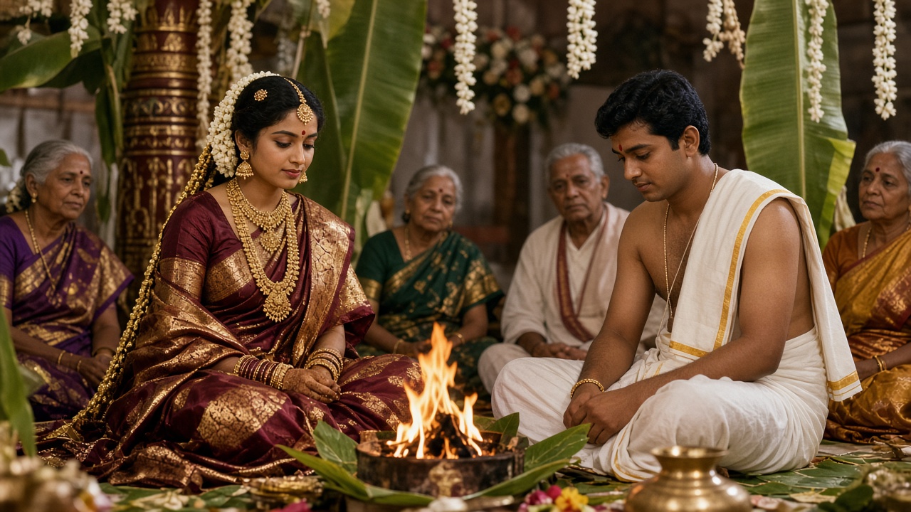 Wedding ceremony with a bride in a maroon and gold Kanjivaram silk sari, gold temple jewellery, and a long jasmine-decorated braid seated beside a groom in a white veshti near a small sacred fire, under banana leaves and jasmine garlands, with elders in silk saris watching