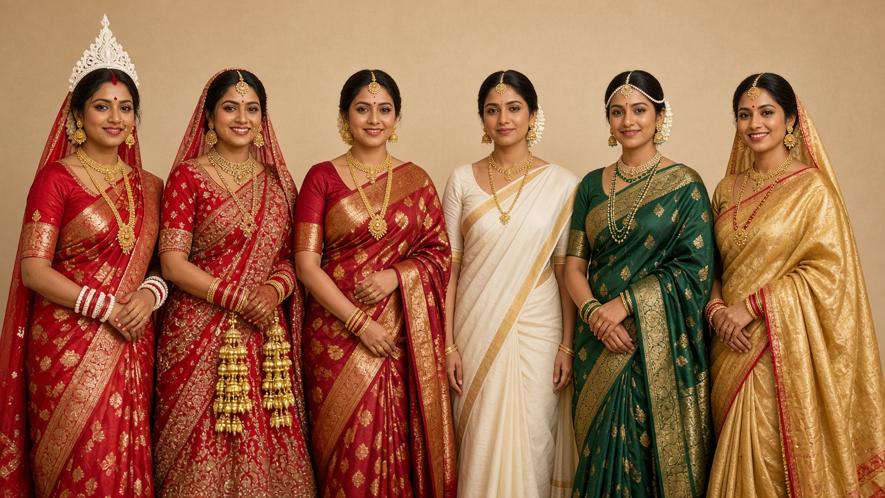 Six brides standing side by side: a Bengali bride in a red Banarasi sari with a white shola crown and shell bangles, a Punjabi bride in a red lehenga with red bangles and golden kalire, a Tamil bride in a red Kanjivaram sari, a Kerala bride in an off-white kasavu sari with a gold border, a Maharashtrian bride in a green Paithani sari with a pearl forehead string, and an Assamese bride in a golden silk mekhela chador