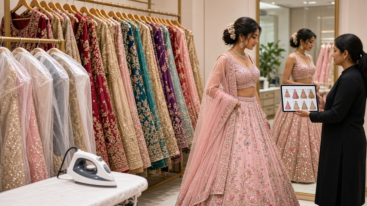 Bright rental studio with long racks of colourful embroidered lehengas, some in clear garment covers, a steam iron on a table, and a young woman in a pastel pink embroidered lehenga at a mirror while an assistant shows her a catalogue of outfits on a tablet