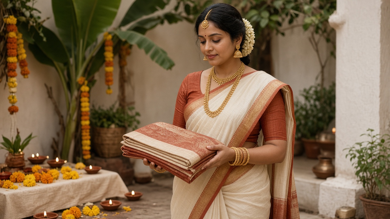 Bride in an ivory handloom sari with a rust-coloured border and blouse, heirloom gold jewellery, and jasmine in her hair holding a folded old silk sari, in a small courtyard decorated with marigold garlands, banana leaves, and lit clay lamps