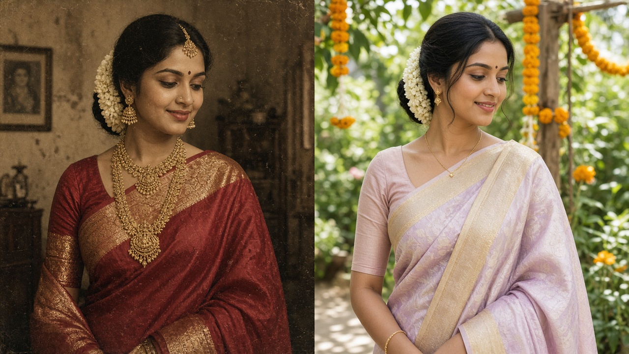 Split image with a 1950s bride in a crimson Kanjivaram silk sari with a gold zari border, heavy gold temple jewellery, and jasmine in her hair in a sepia-toned room on the left, and a modern bride in a soft lilac handloom silk sari with light jewellery in a garden with marigold garlands on the right