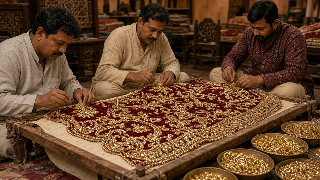 Three artisans sitting on the floor around a large wooden embroidery frame, stitching gold zardozi floral patterns with sequins and beads onto a deep red velvet bridal lehenga, with bowls of gold metallic coils in front of them