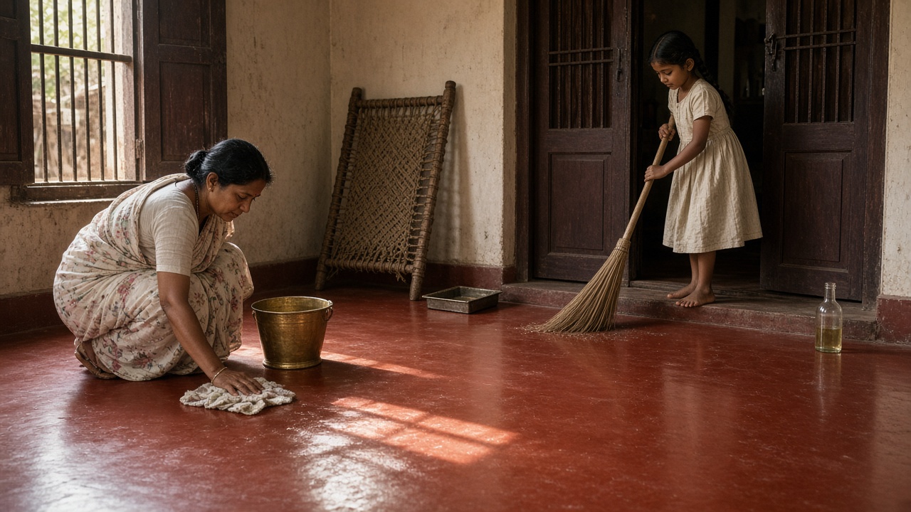 1950s town house where a woman in a cotton sari squats and wipes a polished red oxide floor with a wet cloth beside a brass bucket, while a young girl sweeps the doorstep with a long coconut-stick broom, a folded rope cot against the wall, a tin dustpan, and a glass bottle of phenyl