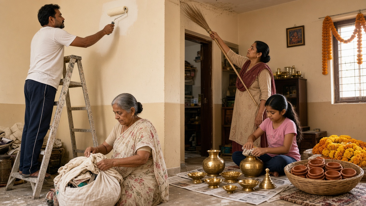 Indian family doing Diwali cleaning where a father on a ladder repaints a wall with a paint roller, a grandmother sorts old clothes into a cloth bundle, a mother dusts a ceiling corner with a long grass broom, and a daughter polishes brass vessels on newspaper sheets beside a basket of clay diyas and marigold garlands