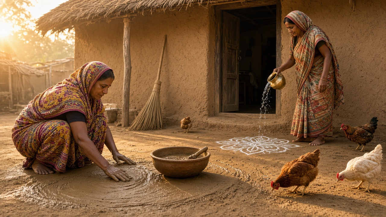 Village courtyard at sunrise where a woman in a colourful sari kneels and spreads a fresh layer of cow-dung and mud plaster on the floor by hand beside a clay bowl, while another woman pours water from a brass pot at the doorway beside a white rice-flour kolam, a grass broom leaning on the thatched mud house and chickens nearby