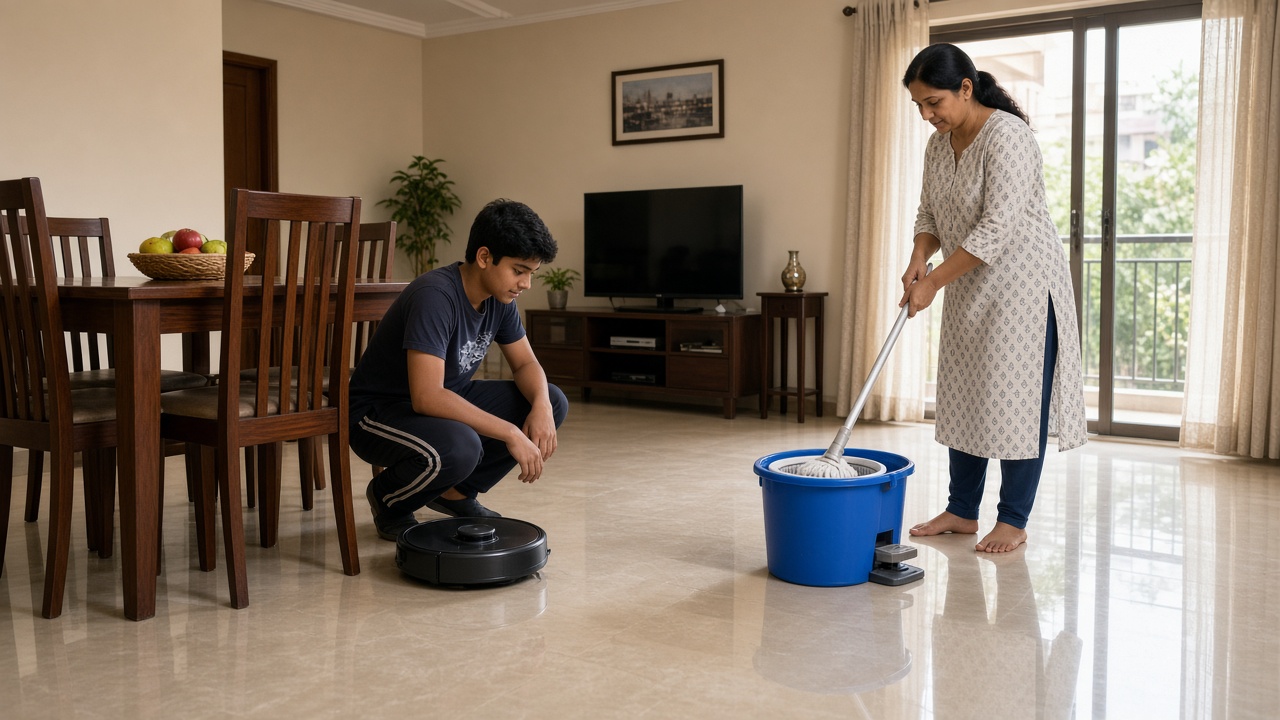 2010s apartment with a glossy beige tiled floor where a teenage boy crouches to watch a round black robot vacuum near a wooden dining table, while a woman in a kurta presses a mop into a blue spin-mop bucket with a foot pedal, with a flat-screen TV and a sunny balcony behind