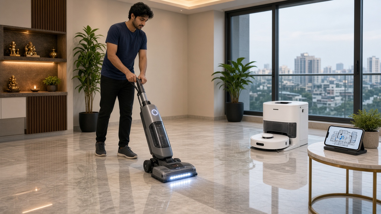 Modern high-rise apartment with a light marble floor where a young man pushes a cordless wet-dry smart floor scrubber with glowing lights leaving a shiny clean path, while a white robot mop sits in its self-washing docking station by the window and a tablet on a side table shows a floor map, with plants, a lit pooja shelf, and a city view
