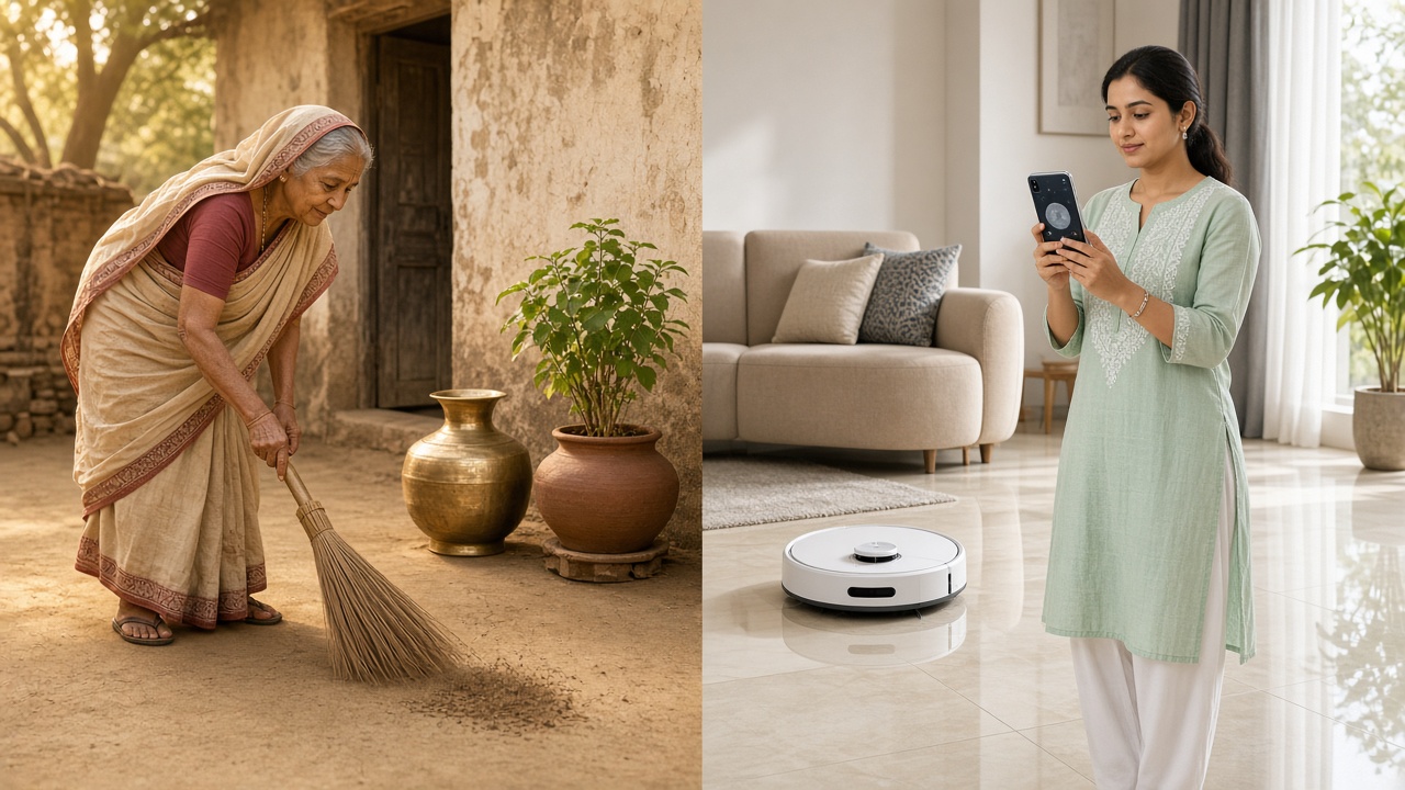Split image with an elderly village woman in a cotton sari sweeping a mud courtyard with a grass broom beside a brass pot and a tulsi plant on the left, and a young woman holding a smartphone while a white robot vacuum cleans a glossy tiled living room floor on the right